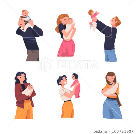 Man and Woman Character Holding Baby with Arms Nursing Him Vector Illustration Set Man and Woman Character Holding Baby with Arms Nursing Him Vector Illustration Set 103721907