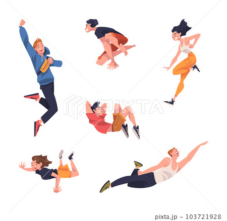 Jumping People Character Feeling Freedom and Motion Flying in Mid Air Vector Illustration Set 103721928