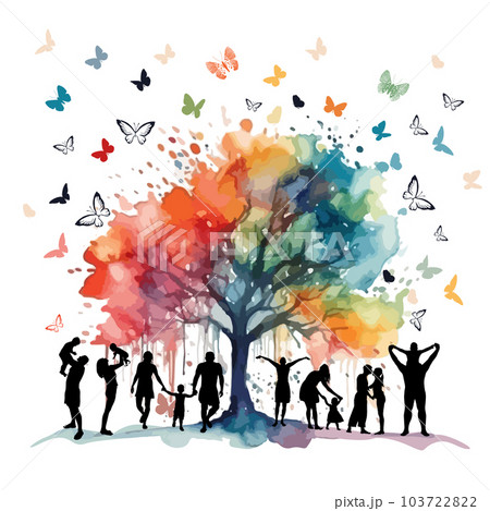 Happy family silhouettes , rainbow tree. Mixed media. Vector illustration Happy family silhouettes , rainbow tree. Mixed media. Vector illustration 103722822