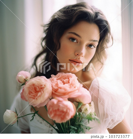 Portrait of a gorgeous bride with a bouquet of peonies. Created with Generative AI technology 103723377