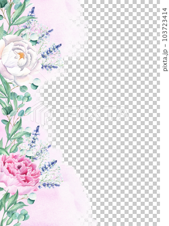 Floral background card. Wedding invitation template with white and pink peonies, lavender, gypsophila, and eucalyptus, purple watercolor splashes. For save the date, greeting cards, poster, and cover 103723414