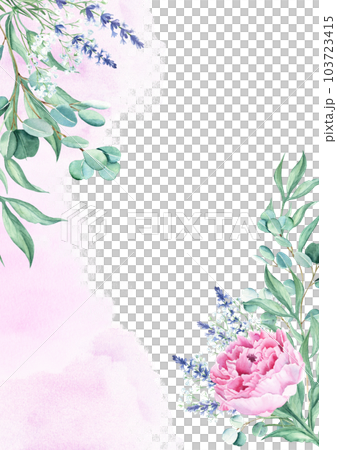 Floral background card. Wedding invitation template with pink peony, lavender, gypsophila, and eucalyptus, purple watercolor splashes. For save the date, greeting cards, poster, and cover design. 103723415