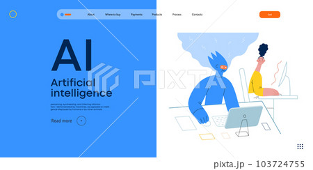 Artificial intelligence, office work -modern flat vector concept illustration of AI effectively working at the desk and surprised human. Metaphor of AI advantage, superiority and dominance concept 103724755