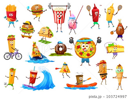 Funny cartoon takeaway fast food characters on sport. Vector french fries, burger, pop corn and tacos, chicken drumstick, cola, ketchup and mustard bottles, pizza, burrito, cocktail and pie personages 103724997