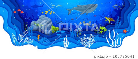 Cartoon whale, tropical fish shoal, turtle and seaweeds on sea paper cut underwater landscape. 3d vector scene with wild animals amidst serene ocean depth with corals, bubbles and rocks papercut art Cartoon whale, tropical fish shoal, turtle and seaweeds on sea paper cut underwater landscape. 3d vector scene with wild animals amidst serene ocean depth with corals, bubbles and rocks papercut art 103725041