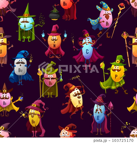 Cartoon vitamin wizards, mages and sorcerers characters seamless pattern. Vector background with food supplements capsules personages holding magical wands and staffs. Funny magicians cast spells Cartoon vitamin wizards, mages and sorcerers characters seamless pattern. Vector background with food supplements capsules personages holding magical wands and staffs. Funny magicians cast spells 103725170