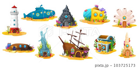 Cartoon underwater buildings game asset. Isolated vector sunken ship, boat and submarine. Stone, coral or shell fairy houses, treasure chest and lighthhouse houses Cartoon underwater buildings game asset. Isolated vector sunken ship, boat and submarine. Stone, coral or shell fairy houses, treasure chest and lighthhouse houses 103725173