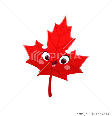 Cartoon maple leaf, back to school and education vector funny character with face. Kid students or school academy mascot or back to school emoji emoticon of red maple leaf with happy smile and eyes Cartoon maple leaf, back to school and education vector funny character with face. Kid students or school academy mascot or back to school emoji emoticon of red maple leaf with happy smile and eyes 103725213