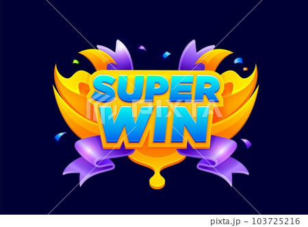 Game win popup banner. Gambling jackpot victory screen or icon, 2d arcade rating achievement UI vector sign, GUI level win popup banner. Casino slot success congrats badge with violet ribbon, confetti 103725216