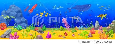 Cartoon underwater sea landscape and animals. Ocean bottom life landscape with fishes shoals, squid and turtle, whale, stingray and seaweed. Seabed seascape or coral reef deep wildlife vector backdrop 103725248