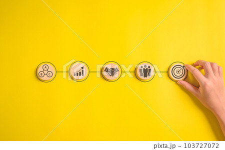 Hand putting business icons on wooden cubic blocks Hand putting business icons on wooden cubic blocks 103727072