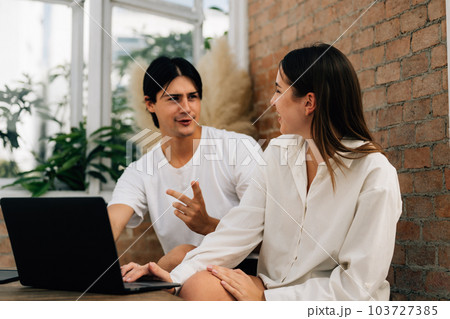 Couple of romantic young people at home, Vintage style photo 103727385
