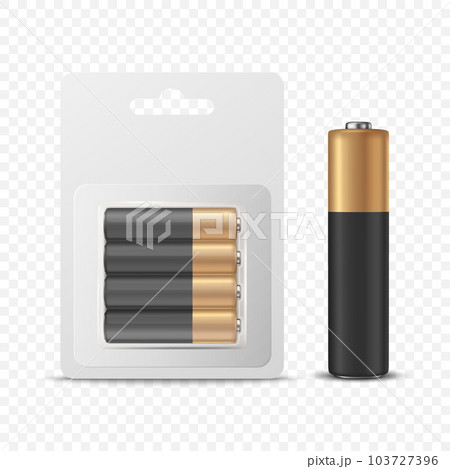 Vector 3d Realistic Four Alkaline Battery in Paper Blister and Single Battery Icon Closeup Set Isolated. AA Size, Horizontal Position. Design Template for Branding, Mockup. Vector Illustration 103727396