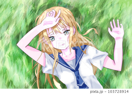 草原に寝転がる女の子 103728914
