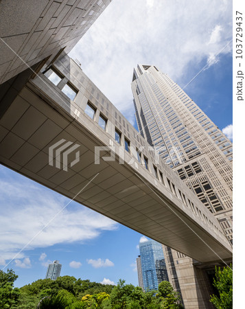 東京都庁第一本庁舎と第二本庁舎を結ぶ連絡通路　都庁ふれあいモールから見上げる 103729437