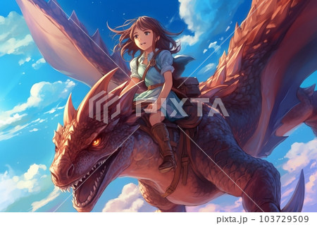 ドラゴンに乗って空を飛ぶ女の子:AI作品 ドラゴンに乗って空を飛ぶ女の子:AI作品 103729509