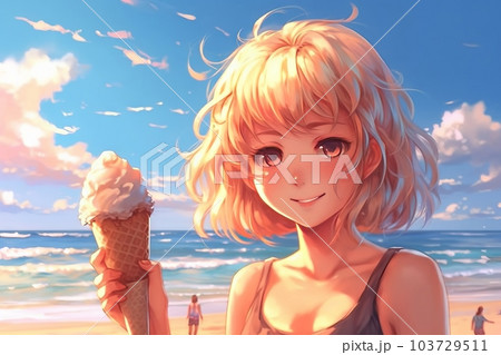 ソフトクリームを持った笑顔の女の子：AI作品のイラスト素材