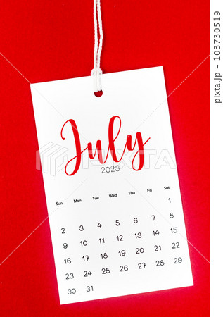 The July 2023 calendar page for 2023 year hanged on white rope on Red background. 103730519
