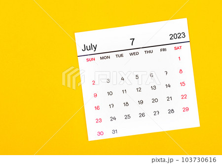 The July 2023 Monthly calendar for 2023 year on yellow background. The July 2023 Monthly calendar for 2023 year on yellow background. 103730616