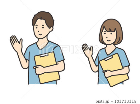 カルテを持って案内する看護師の女性と男性のイラストセット 103733318