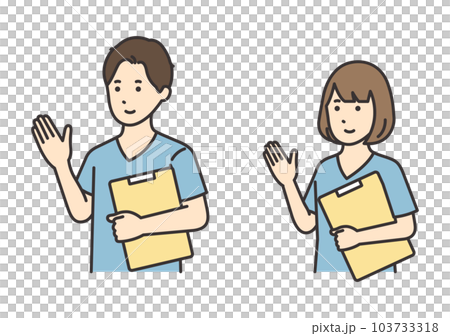 カルテを持って案内する看護師の女性と男性のイラストセット 103733318