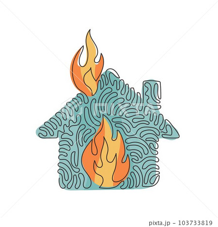 Single one line drawing fire line icon. House building in flames. Insurance symbol from financial security, safety, damage. Swirl curl style. Continuous line draw design graphic vector illustration Single one line drawing fire line icon. House building in flames. Insurance symbol from financial security, safety, damage. Swirl curl style. Continuous line draw design graphic vector illustration 103733819