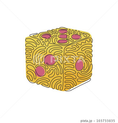 Single continuous line drawing dice. Dice with white dots. Dice cube, casino game. Cute outline cube by black contour for table game. Swirl curl style. One line draw graphic design vector illustration Single continuous line drawing dice. Dice with white dots. Dice cube, casino game. Cute outline cube by black contour for table game. Swirl curl style. One line draw graphic design vector illustration 103733835