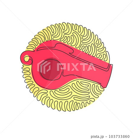 Single one line drawing whistle referee. Coach gym whistle. Sports sign play game, coach or trainer equipment. Swirl curl circle background style. Modern continuous line draw design graphic vector 103733860