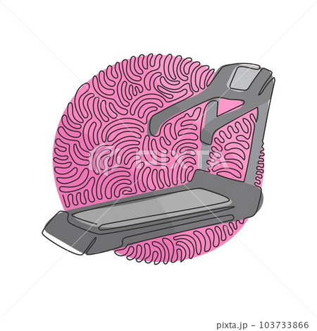 Single one line drawing professional treadmill with incline. Professional gym equipment, running treadmill. Swirl curl circle background style. Continuous line draw design graphic vector illustration 103733866