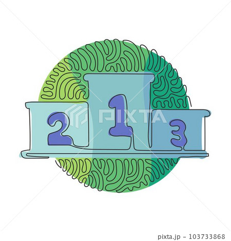 Single one line drawing winners podium with number. Pedestal or platform. Stage for awards ceremony. Swirl curl circle background style. Modern continuous line draw design graphic vector illustration Single one line drawing winners podium with number. Pedestal or platform. Stage for awards ceremony. Swirl curl circle background style. Modern continuous line draw design graphic vector illustration 103733868