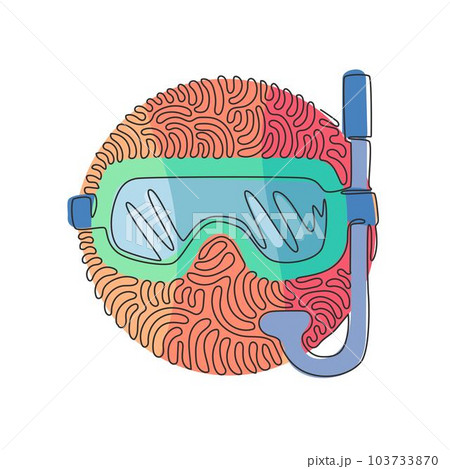 Continuous one line drawing scuba diving mask with snorkel. Diving mask. Mask and snorkel for swimming. Scuba diving concept. Swirl curl circle background style. Single line draw design vector graphic 103733870