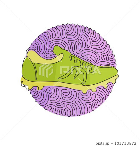 Single continuous line drawing Football boots. Soccer boots. Soccer shoes. Soccer football boots cleats shoes. Swirl curl circle background style. One line draw graphic design vector illustration Single continuous line drawing Football boots. Soccer boots. Soccer shoes. Soccer football boots cleats shoes. Swirl curl circle background style. One line draw graphic design vector illustration 103733872
