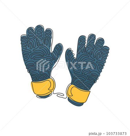 Single continuous line drawing Goalkeeper gloves. Goalkeeper protection gloves. Soccer goalkeepers gloves. Outdoor sport. Swirl curl style. Dynamic one line draw graphic design vector illustration 103733873