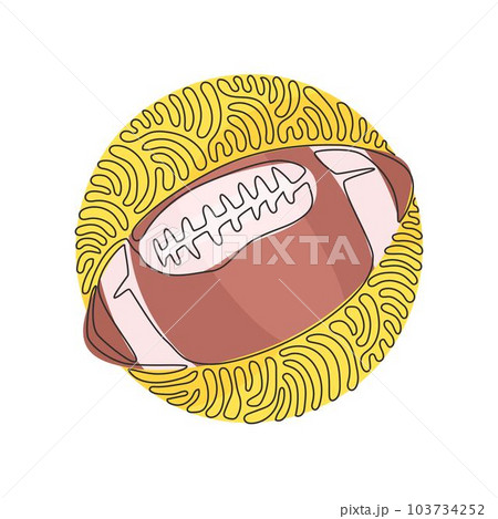 Continuous one line drawing leather American football ball. American college high school junior striped football. Swirl curl circle background style. Single line design vector graphic illustration 103734252