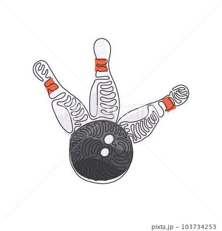 Single continuous line drawing Bowling ball and pins. Sports equipment. Bowling ball crashing into pins. Bowling ball striking pins. Swirl curl style. Dynamic one line draw graphic design vector 103734253