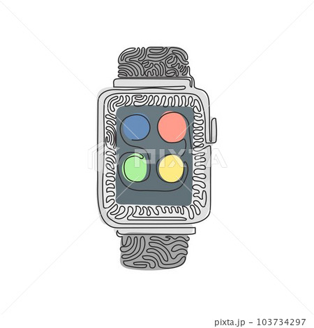 Continuous one line drawing Smart watch device display with app icons. Smart watch wearable technology. Modern device technology. Swirl curl style. Single line draw design vector graphic illustration Continuous one line drawing Smart watch device display with app icons. Smart watch wearable technology. Modern device technology. Swirl curl style. Single line draw design vector graphic illustration 103734297