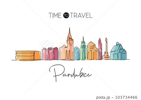 Single continuous line drawing Pardubice city skyline, Czech Republic. Famous city scraper landscape. World travel home wall decor art poster concept. Modern one line draw design vector illustration 103734466