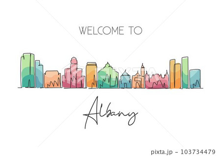 Continuous one line drawing Albany city skyline, New York. Beautiful landmark artwork. World landscape tourism travel wall decor poster print art. Stylish single line draw design vector illustration Continuous one line drawing Albany city skyline, New York. Beautiful landmark artwork. World landscape tourism travel wall decor poster print art. Stylish single line draw design vector illustration 103734479