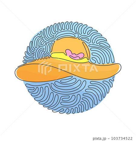 Single continuous line drawing ladies or women's hat icon. Fashion. Lady or women's beach hat. Elements of beach holidays. Swirl curl circle background style. One line draw graphic design vector 103734522
