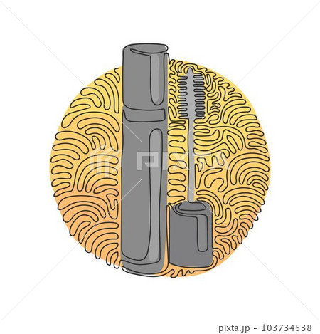 Single one line drawing black mascara bottle. Brush and mascara tube. Fashionable cosmetics makeup design for eyes. Swirl curl circle background style. Continuous line draw design graphic vector Single one line drawing black mascara bottle. Brush and mascara tube. Fashionable cosmetics makeup design for eyes. Swirl curl circle background style. Continuous line draw design graphic vector 103734538