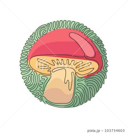Single one line drawing wild cep porcini mushrooms. Organic vegetarian product. Great for menu, label, recipe. Swirl curl circle background style. Continuous line design graphic vector illustration Single one line drawing wild cep porcini mushrooms. Organic vegetarian product. Great for menu, label, recipe. Swirl curl circle background style. Continuous line design graphic vector illustration 103734603