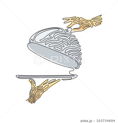 Single continuous line drawing open tray cloche in hand. Restaurant plate in elegant waiter hand. Food serving tray concept. Swirl curl style. Dynamic one line draw graphic design vector illustration Single continuous line drawing open tray cloche in hand. Restaurant plate in elegant waiter hand. Food serving tray concept. Swirl curl style. Dynamic one line draw graphic design vector illustration 103734604