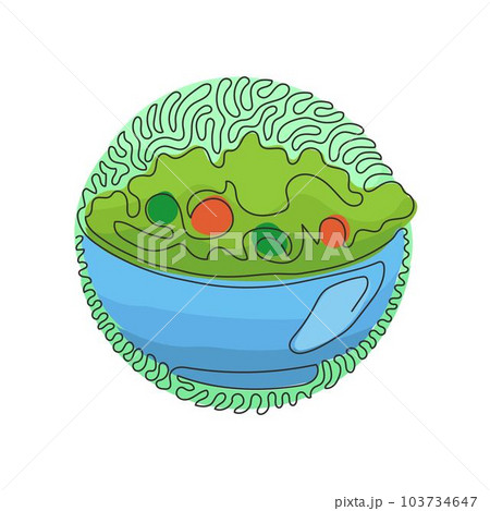 Single continuous line drawing green salad of fresh vegetables in salad bowl. Healthy appetizer for human body. Swirl curl circle background style. One line draw graphic design vector illustration 103734647