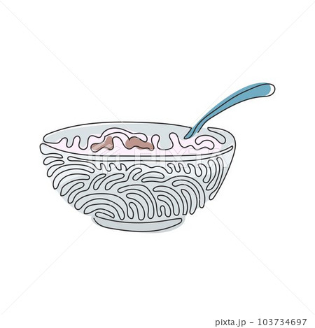 Single continuous line drawing corn flakes, cereal and milk splash in bowl. Healthy breakfast for children in the morning. Swirl curl style. Dynamic one line draw graphic design vector illustration 103734697