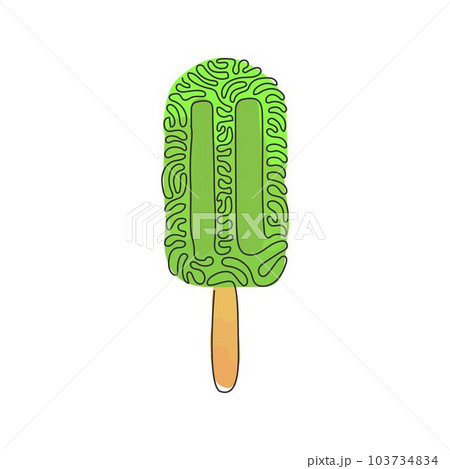 Single one line drawing frozen popsicle on stick. Tasty ice cream for dessert. Takeaway delicious cold summer snack. Swirl curl style. Modern continuous line draw design graphic vector illustration 103734834