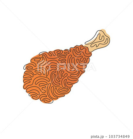 Continuous one line drawing delicious crispy fried chicken drumstick fast food menu. Fried chicken leg object stock isolated. Swirl curl style. Single line draw design vector graphic illustration 103734849