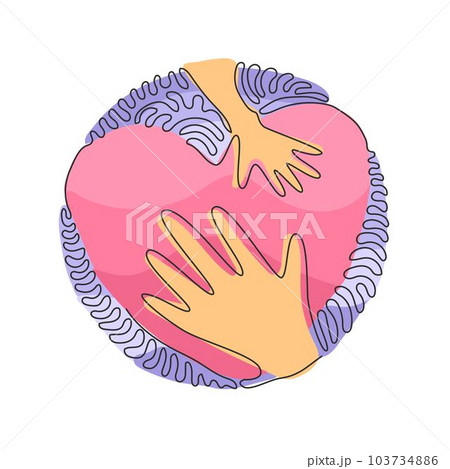Single continuous line drawing hand touching heart, shape template. Hand touch heart for protect nature symbol. Swirl curl circle background style. Dynamic one line graphic design vector illustration 103734886