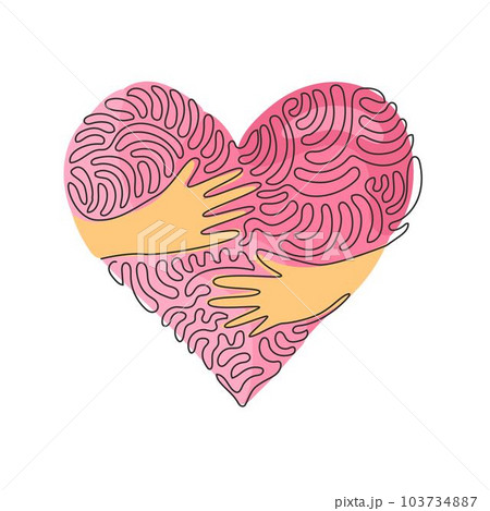 Single continuous line drawing embrace heart shape design vector template. Embracing icon or logo for health care symbol. Swirl curl style. Dynamic one line draw graphic design vector illustration 103734887
