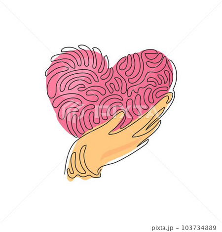 Single one line drawing hand holding heart icon. Save life or health care symbol. Swirl curl style. Isolated vector symbol. Modern continuous line draw design graphic vector illustration 103734889