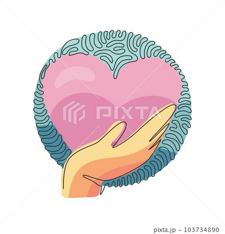 Single continuous line drawing hand holding heart icon. Save life or health care symbol. Swirl curl circle background style. Isolated vector symbol. One line draw graphic design vector illustration 103734890